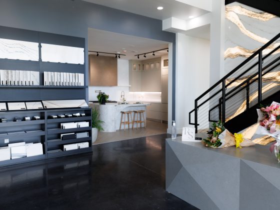 granite quartz and marble countertop showroom with modern stone staircase wall at Richstone Surfaces