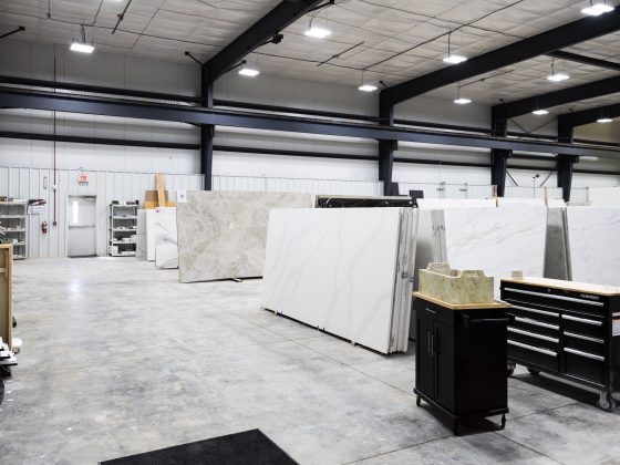 stone slab warehouse with quartz and marble slabs ready for fabrication at Richstone Surfaces facility