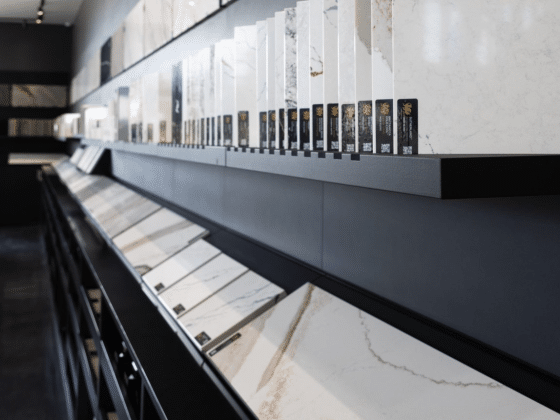 quartz and granite countertop sample displays at Richstone Surfaces stone showroom