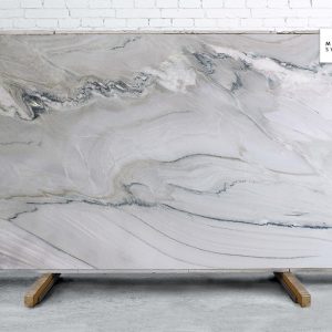 Macaubas Fantasy Polished natural stone surface with flowing blue and white linear veining for luxury kitchen and bathroom countertops