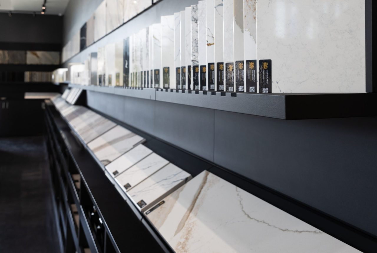 quartz and granite countertop sample displays at Richstone Surfaces stone showroom