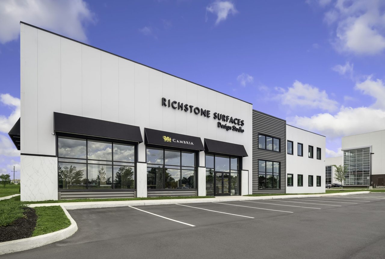 Richstone Surfaces Design Studio showroom exterior with modern facade and Cambria countertop display location